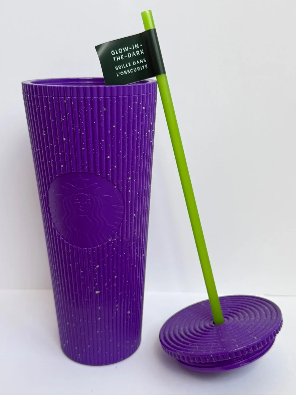 Starbucks Purple Ribbed Tumbler with Neon Green Glow Straw